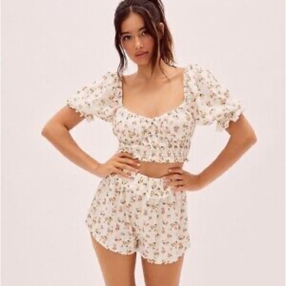 For Love And Lemons Lola Pointelle Shorts White Floral NWT